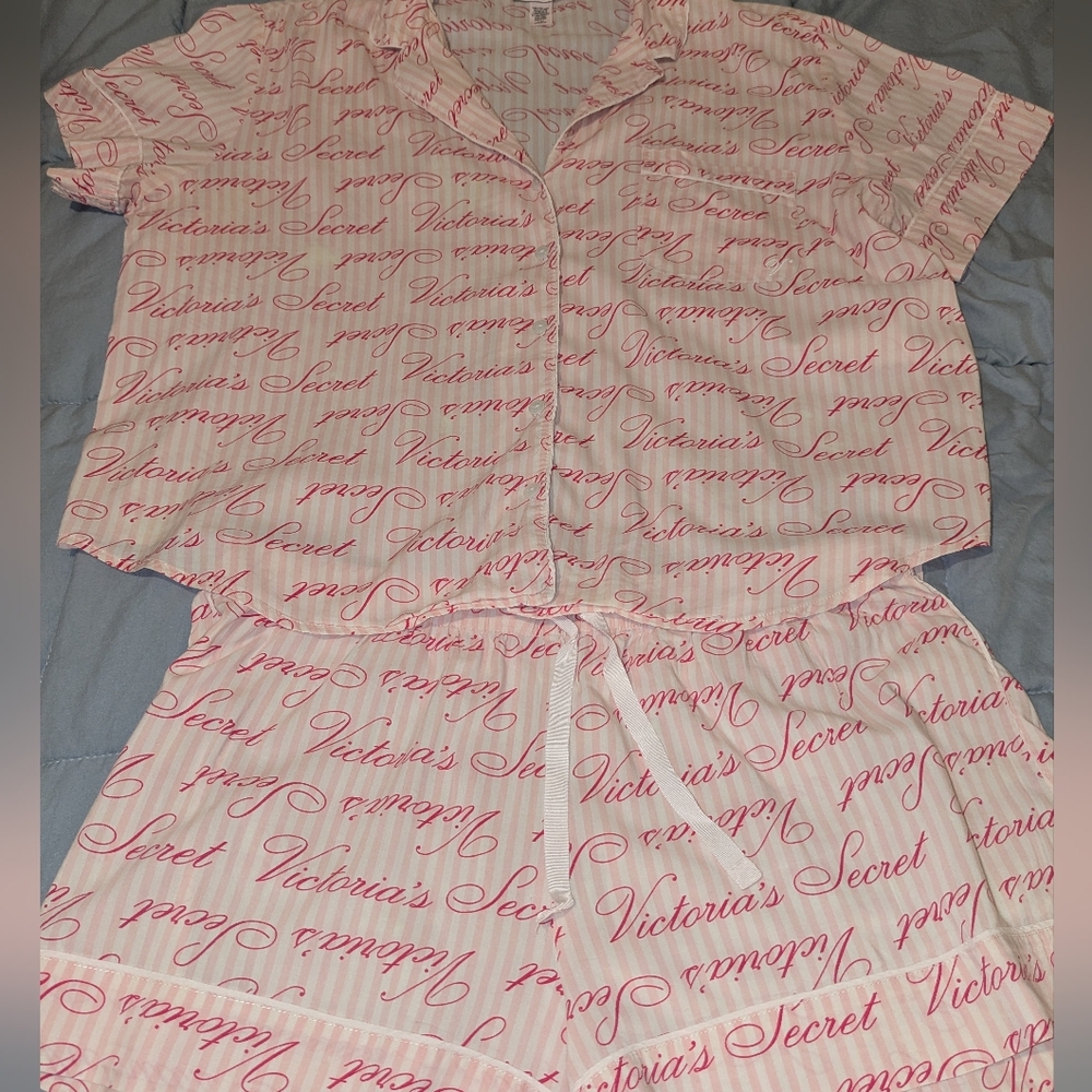 Victoria's Secret Pink Script Print Pajama Set Sz L